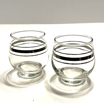 Pair Of Vintage Mid Century Bar Beverage Glasses Silver Band Stripes • $15.95