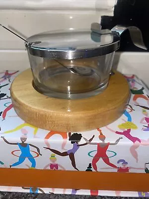 Honey&jam Pot With Spoon Wooden Base Glass Jar Very Retro Round Good Condition • £5