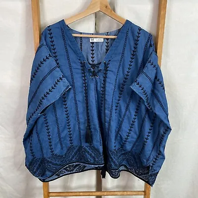 Zara Blouse Womens Medium Blue & Black Embroidered Relaxed Fit Top Cotton • $15.95