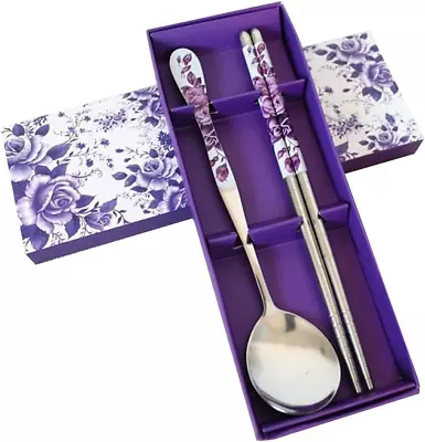 Chinese Purple Rose Stainless Steel Chopsticks And Spoon Set • $10.72