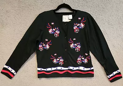 MICHAEL SIMON Cardigan Medium Black 4th Of July Embroidered Bicycle Flag Vintage • $40.96