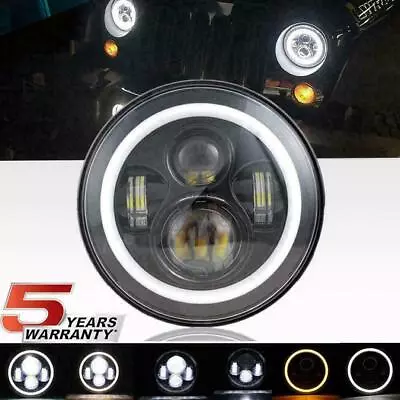 For Motorcycle Slim 7 In LED Headlight  Ring Angel Eye DRL Amber Turn Signal • $35.99