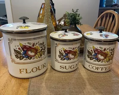 Georges Briard  FRUIT  Vintage Enamel Canisters Flour Sugar Coffee MCM • $47