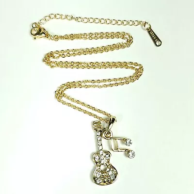 N65 Bling Gold Tone Dainty Rhinestones Mini Music Note Guitar Pendant Necklace • $9.49