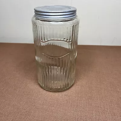 Vintage Ribbed Hoosier Cabinet Glass Canister Aluminum Lid • $11.95