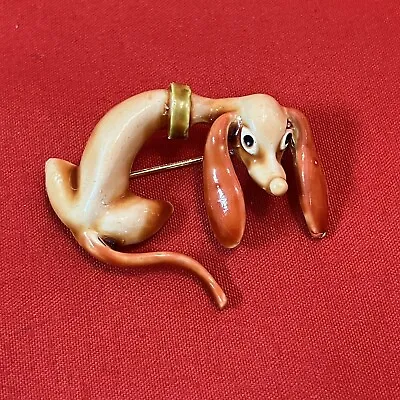 Vintage MCM Dachshund Dog Enamel On Metal Mode Art Brooch (Imperfections) • $40