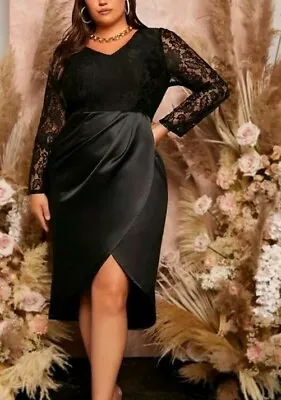 Brand New Ladies Lace Mesh Black Wrap Hem Satin Dress Size XL • £20