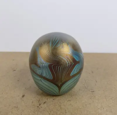 1977 Vandermark Paperweight Blue & Bronze Iridescent Pulled Feather 3  Tall • $93.59