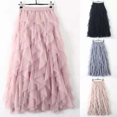 Womens Elastic High Waist Ruffle Mesh Tulle Tutu Skirt Pleated Long Dress AA • £14.20