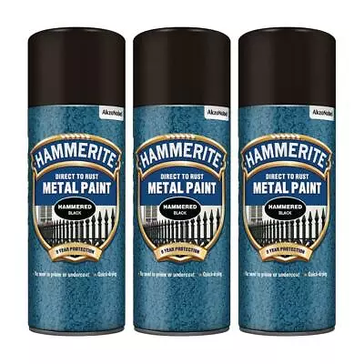 3x Hammerite Direct To Rust Hammered Black Aerosol Fast Drying Spray Paint 400ml • £32.99