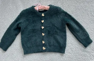 Zara Fluffy Forest Green Cardi Cardigan Heart Gold Buttons S 8 10 Bloggers • £15.99