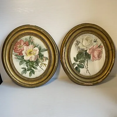 Paul De Longpre Antique Stone Lithograph Prints Roses Vintage Framed Pair Oval • $299.99