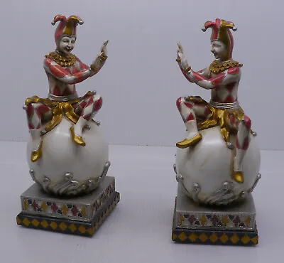 HAND PAINTED BOOKENDS W JESTER HARLEQUIN ON BALL MILSON & LOUIS 9.5 INCHES • $74.99