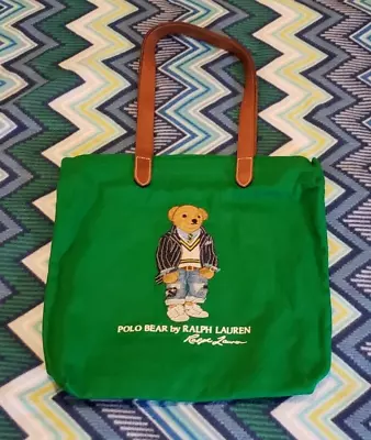 Authentic Polo Ralph Lauren Bear Green Canvas Leather Straps Unisex Tote Bag • $90