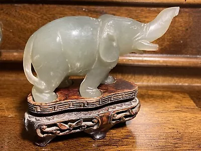 Antique Chinese Green Stone Elephant Figure With Wooden Stand • £96
