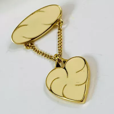 Vintage MONET Signed Cream Enameled Dangle Chain Heart Gold Tone Pin Brooch • $14.99