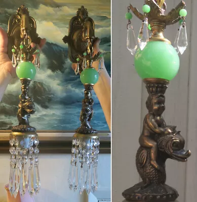 $439 • Buy 2 Sconces Brass Spelter Cherub Serpent Fish Lamp Vintage Crystal Jade Glass Ball