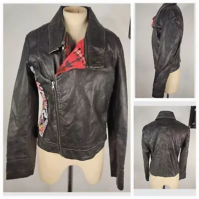 Desigual Moto Leather Jacket Womens 38 US 4 Black Embroidered Multicolor Art NEW • $102.55