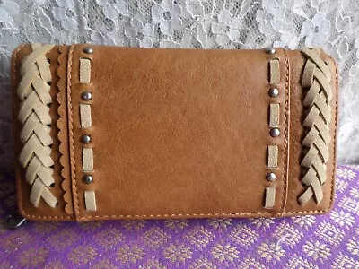 Montana West Brown Leather Zip & Snap Close Wallet Braided Detail • $14.99