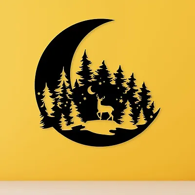 Deer In The Forest Pine Moon Tree Wall Art Metal Rustic Hanging Wall Decor • $66.65