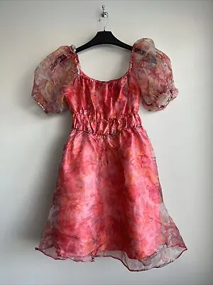 Miss Selfridge Coral Pink Volume Organza Mini Dress In Floral Print UK 8 NEW • $14.92