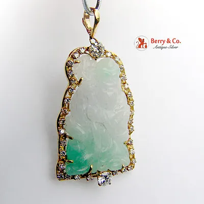 Vintage Carved Jade Buddha Pendant 18 K Gold Diamonds • $1440