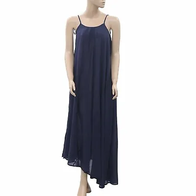 Malia Mills Seersucker Navy Maxi Dress Slip Night Beach Asymmetrical S 1 252813 • $24.96