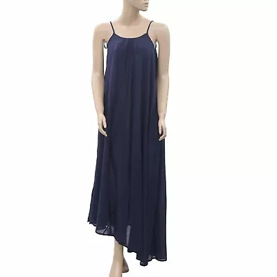 Malia Mills Seersucker Navy Slip Maxi Dress Night Beach Asymmetrical M-2 265597 • $28.98