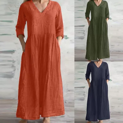 Women V-Neck Cotton Blend Maxi Dress Kaftan Casual Baggy Summer Loose Long Dress • $17.79