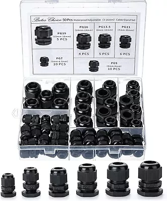 Nylon Cable Gland 50 Pcs Waterproof Cable Connector Black Cord Grip Plastic • $24.29