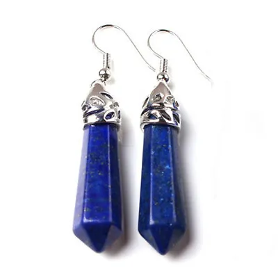 Classical Women Jewelry Blue Natural Lapis Lazuli Slim Silver Dangle Earrings • $6.48