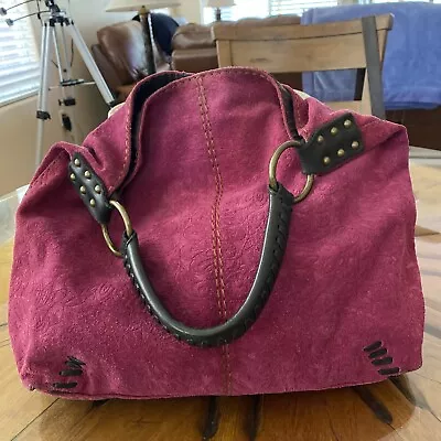 Vintage Lucky Brand Floral Pink Fuchsia Suede Leather Studded Tote Handbag Purse • $35