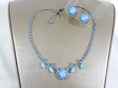 $49.95 • Buy Vtg Blue Moonstone Glass Cabochon & Blue Rhinestone Necklace Earrings Set