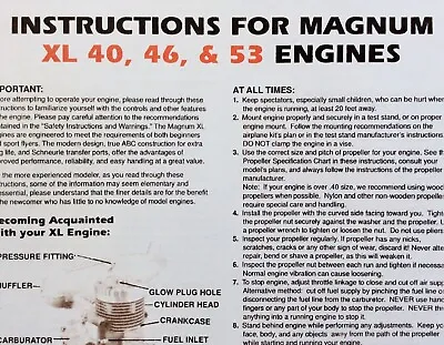 MAGNUM XL 40 46 53 Model Engine Instructions Sheets~Parts List+Numbers ~ FS ⭐️ • $6.95