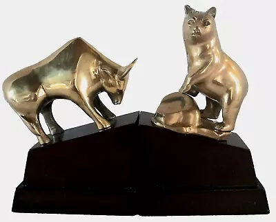 Vintage Mid Century MCM 1960s Wall Street Charging Bull/Bear Brass Bookends  • $100