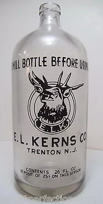 E L KERNS Co ELK Old Bottle TRENTON NJ 26oz Seltzer Chill Bottle Before Using • $195