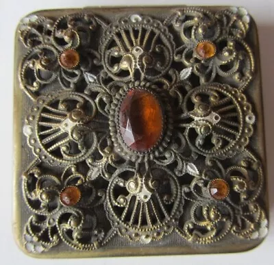 Vintage Amber Bejeweled + Filagree W Enamel Goldtone Ornate Powder Compact  • $40