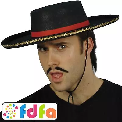 Smiffys Black Spanish Bull Fighter Hat With Cord Adults Mens Fancy Dress • £8.99