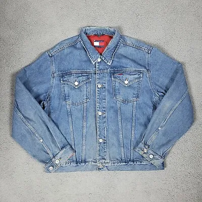 Tommy Hilfiger Jacket Mens XL Blue Denim Jean Trucker Y2K Retro Casual Logo VTG • $50