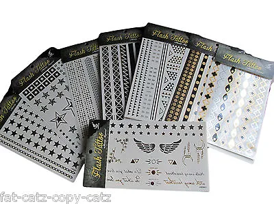 Gold Silver Black Metallic Flash Temporary Tattoos 10+ Designs Body Art UKSeller • £1.49