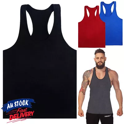 Mens Y Man Top Cotton Bodybuilding Men Racer T Singlet Gym Vest Back Tank • $12.45