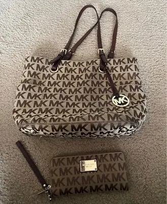 Tan And Brown Michael Kors Monogram Purse And Matching Wallet • $79.99