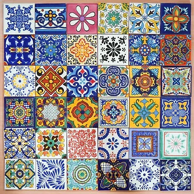 36 X Mixed 10.5cm Mexican Talavera Style Tiles - Ethically Sourced - Aleatorio • £49.95
