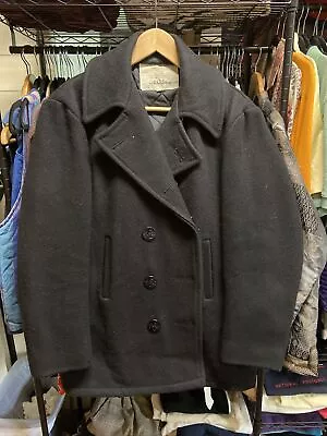 Vtg Authentic Us Navy Military Pea Coat Black Wool Double Breasted 38r • $35