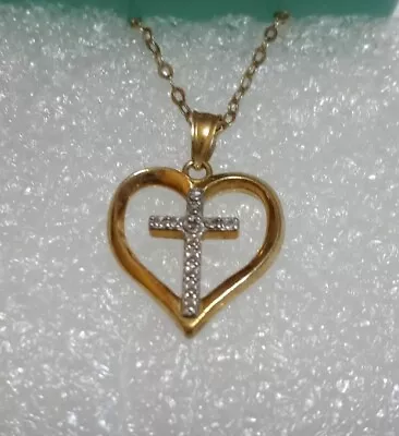 Vintage Sterling Silver Gold Heart Cross Necklace Marked MOM JORDAN • $0.99