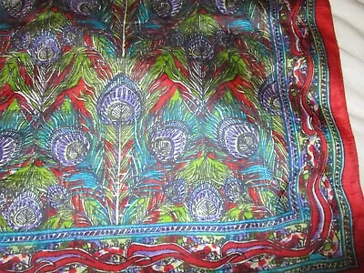 Primitive Arts Rusty Red Purple Teal Peacock Feathers 100% Silk Square Scarf 34  • $14.99