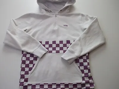 Vans Hoodie Womens XS Cream Purple Check Hooded Sweatshirt Top Pullover Sweater • £8.99