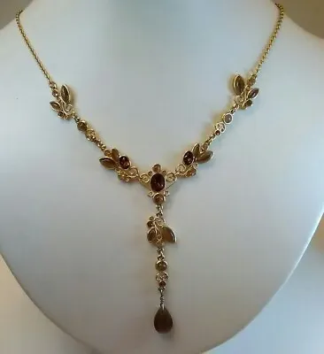 🌈beautiful M&s Gold Tone Y Drop Necklace - Amber Glass & Beige Illusion Stones • £9