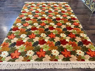 Floral Rug 6x9 Orange Green Beige Vintage Wool • $1680