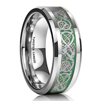 Ebay Wedding Rings Mens 8mm Silver Celtic Tungsten Band W/ Silver Green Carbon • $69.95